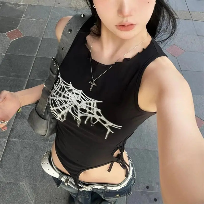 Summer Spider Web Print Tank Tops Aesthetic Hollow Out Bandage Punk Vest Irregular Women Causal Basic Y2k Streetwear Crop Top 260327