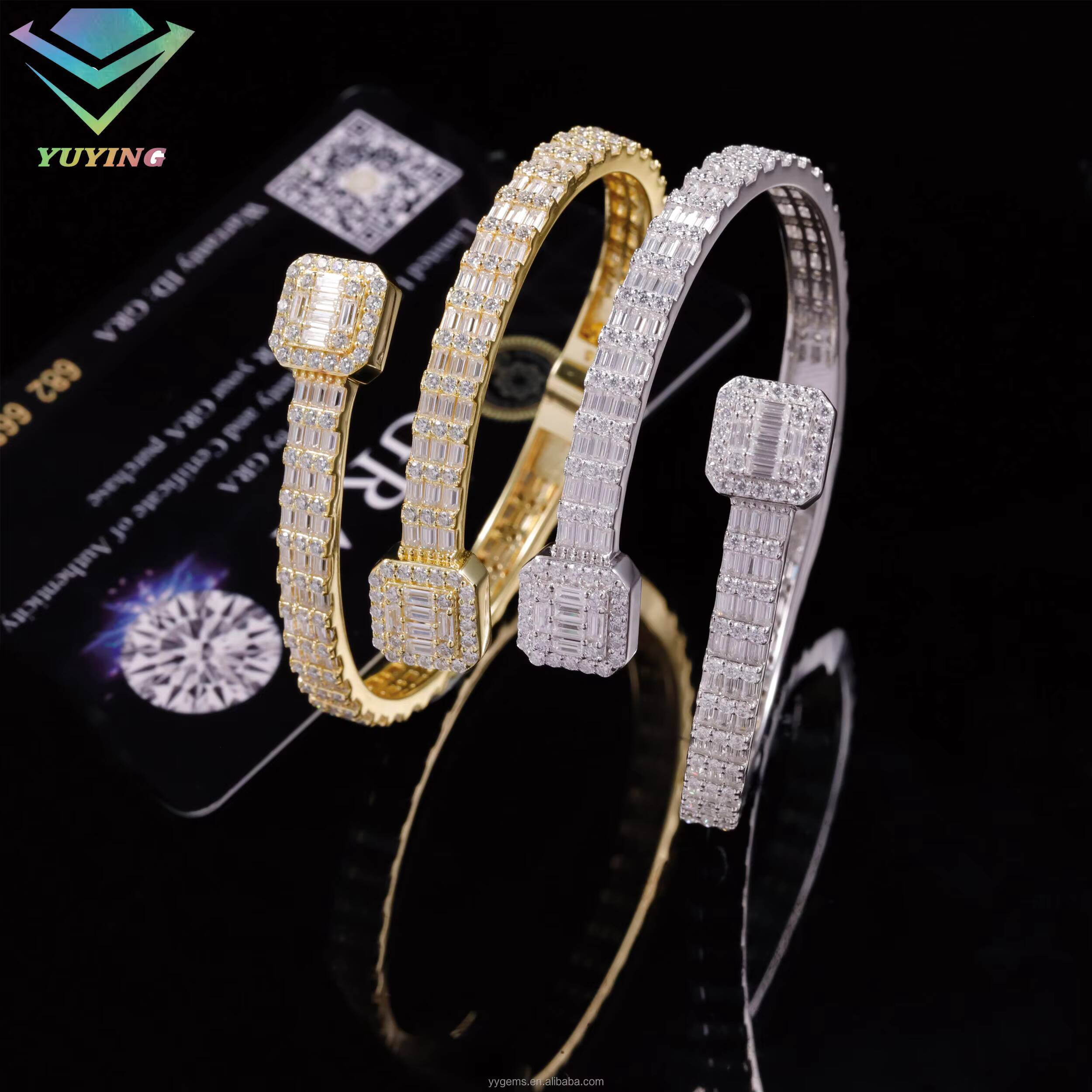 New Arrival Fashion Design S925 Silver 18k Gold Plated VVS Moissanite Baguette Diamond Cuban Link Bracelet with GRA Certificate
