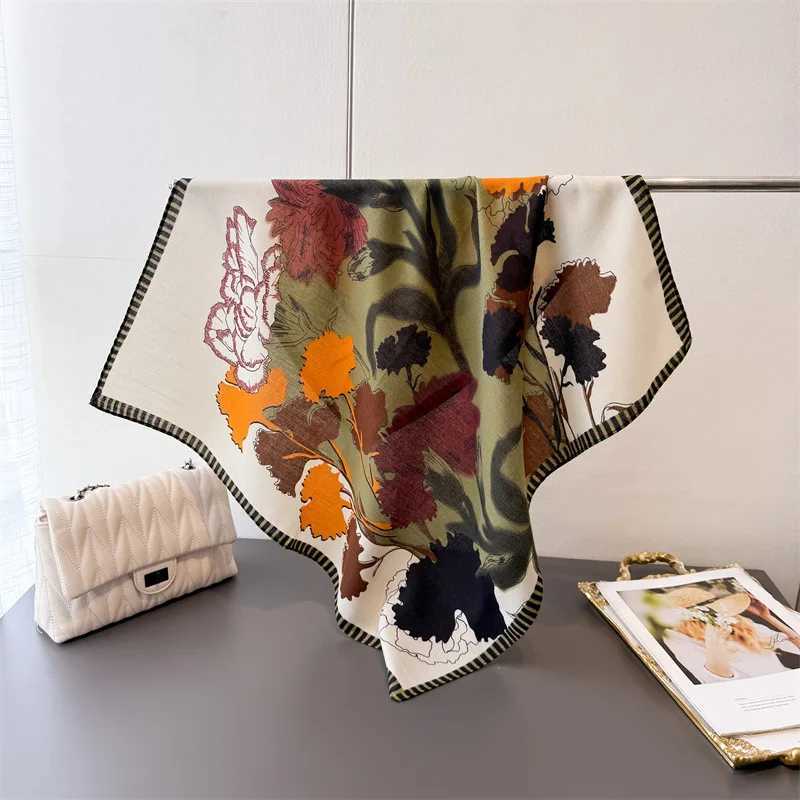 Luxury Floral Print Scarf for Wen Wraps Cotton Feel Hijab Warm Spring Autumn Soft Square Foard Bandana Neckerchief X260328