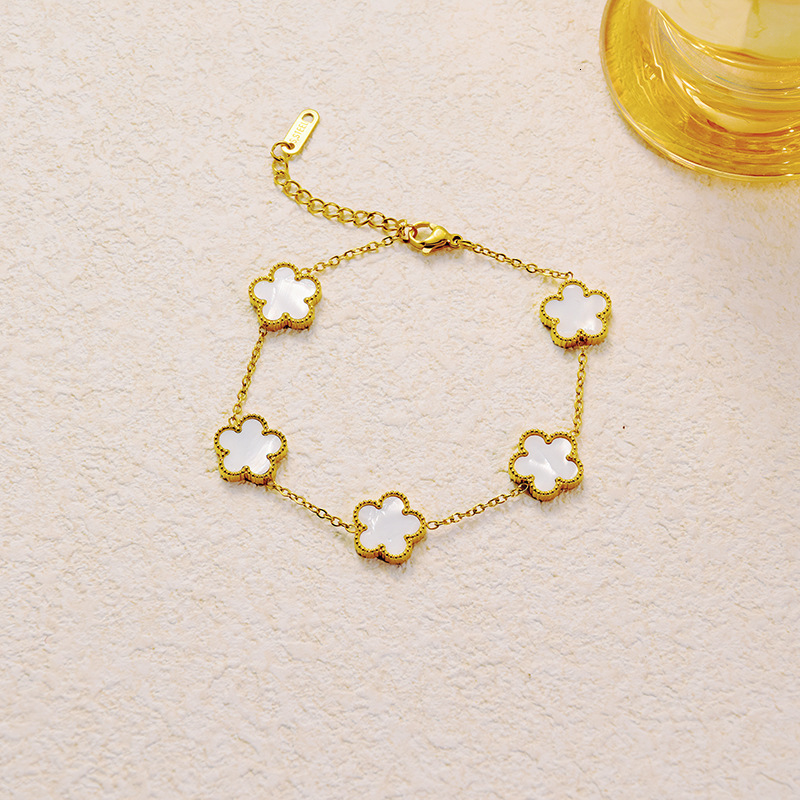 Bracelet Titanium Steel Lucky Clover Five-Leaf Flower Bracelet Simple Fashion Versatile Light Luxury High-End Double-Sided Mother-Of-Pearl Jewelry Bra