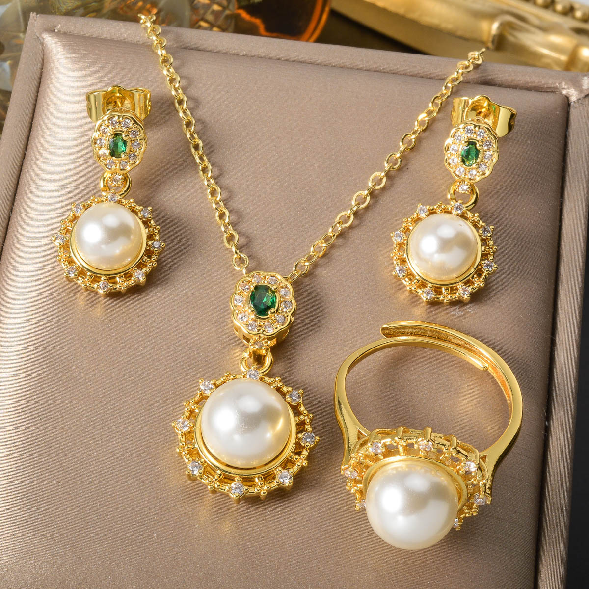 Necklace Earrings Jewelry Set Japanese Style Pearl Diamond-Studded Pendant With Butterfly And Flower Elements Necklace Earrings Ring Three-Piece Set I