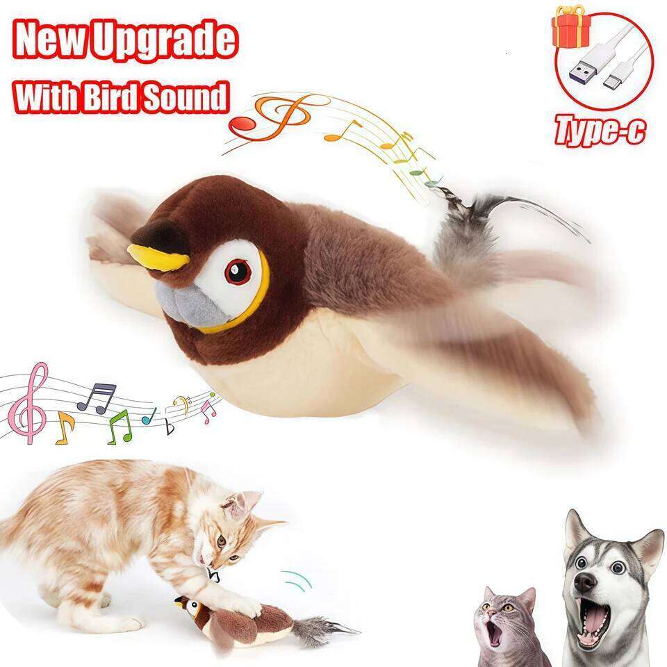 Bird Interactive Cat Toys Rechargeable Chirping Flapping Birdno Flying Can Add Catnip Touch Activated Plush Toy