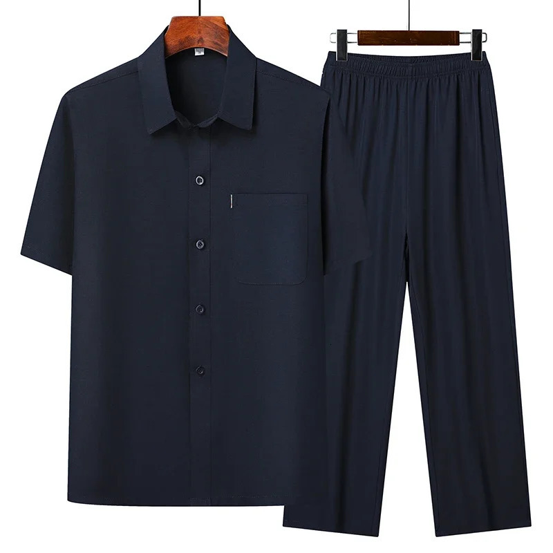 Top Pants Summer Leisure All Match Middle-aged and Old Dad Men Fashion Trend Grandpa Loose Lapel Half-sleeve Shirt Set 260330