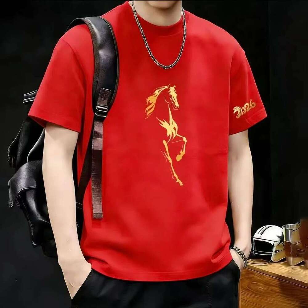 2026 Year Of Horse Popular Pure Cotton Gold Horse Print Short-Sleeve Men, Red High-End T-Shirt For The Zodiac Year