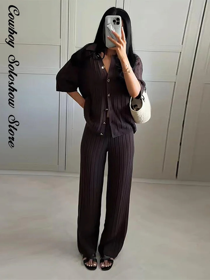 Vintage Knitted Baggy Pants Set Women Brown Half Sleeve Lapel Single Breasted Tops Straight Trousers Summer Solid Lady Suit 260326
