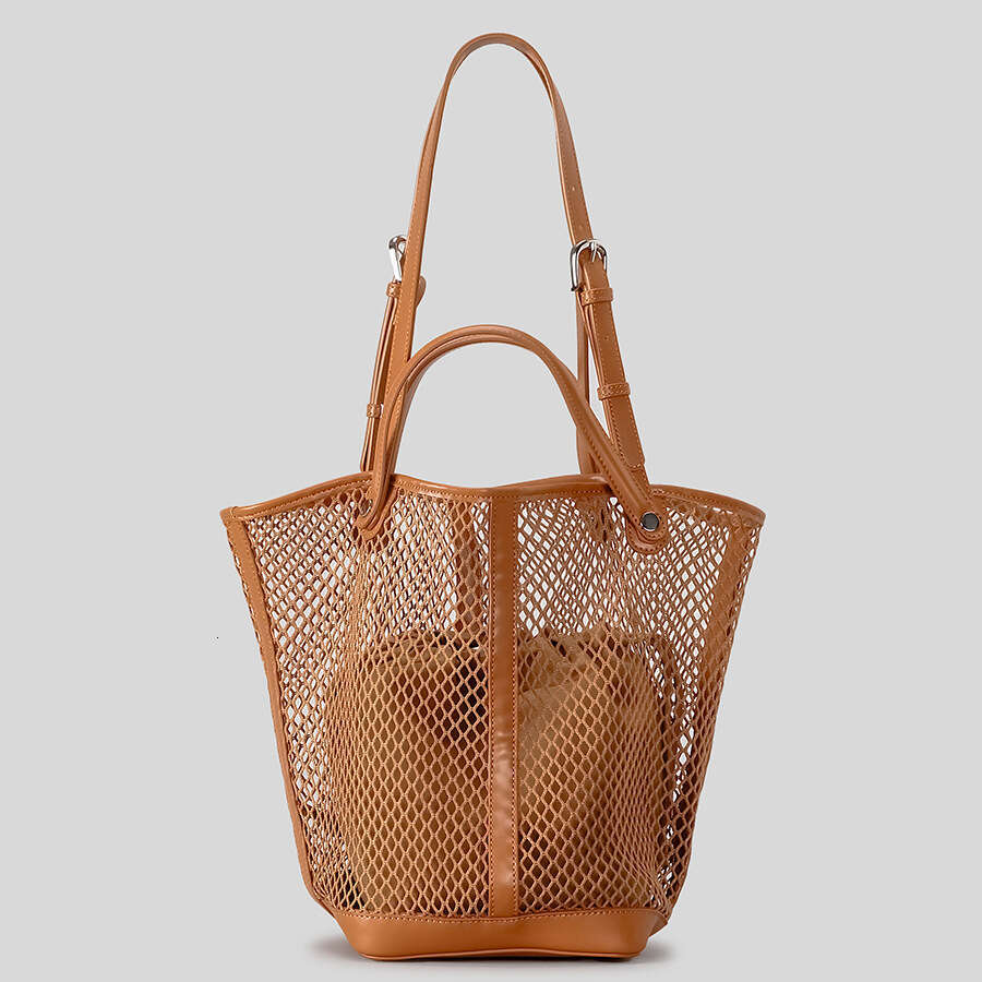 Women Celebrity Style Hollow Grid Bucket Large Capacity Woven Women S Shoulder Casual Vacation Beach Bag