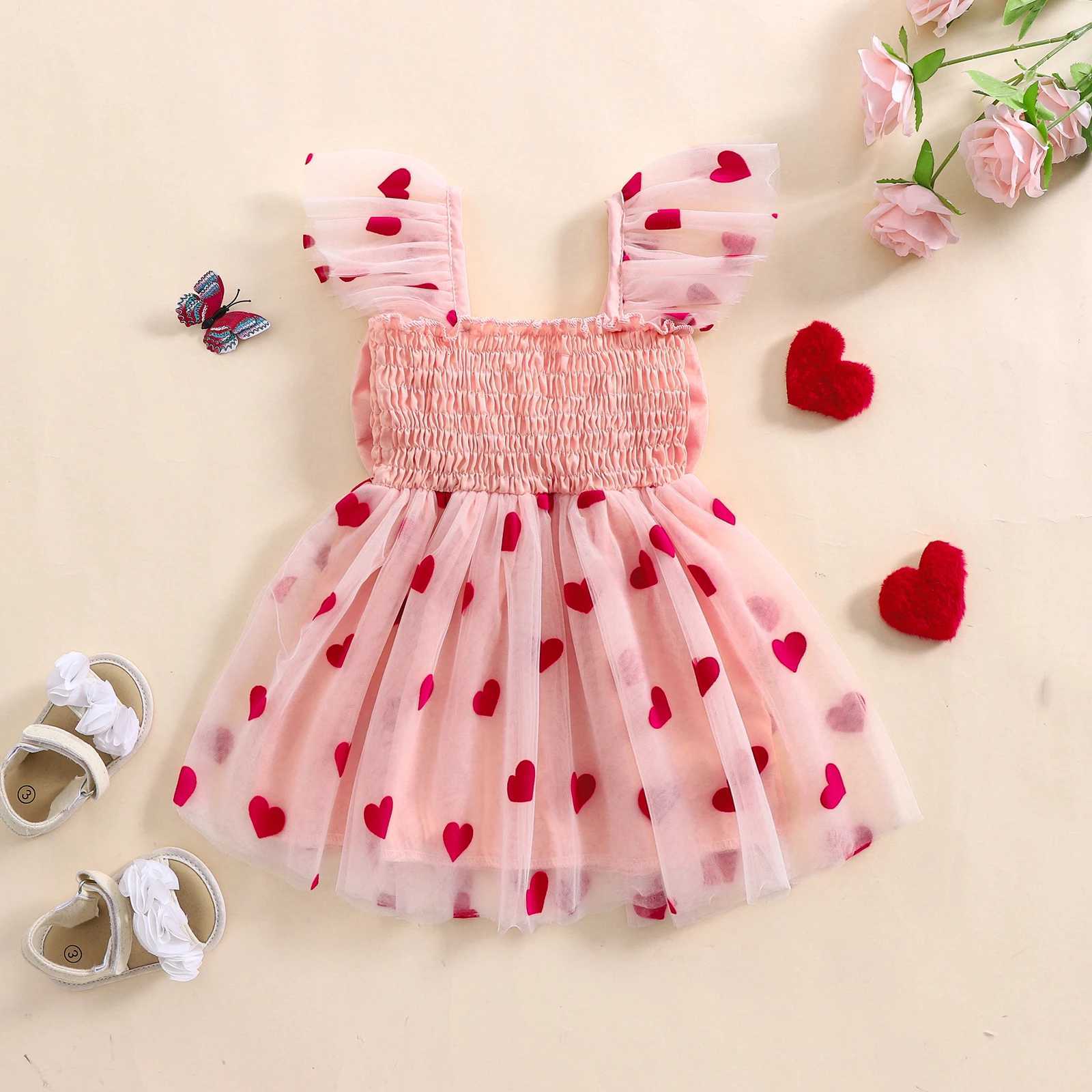 MISOWMNJOY Chiffon Summer Baby Girls Tulle Dress Princess Heart Bows Flutter Sleeve A-Line Kids Clothes Valentines Day DressesT260330