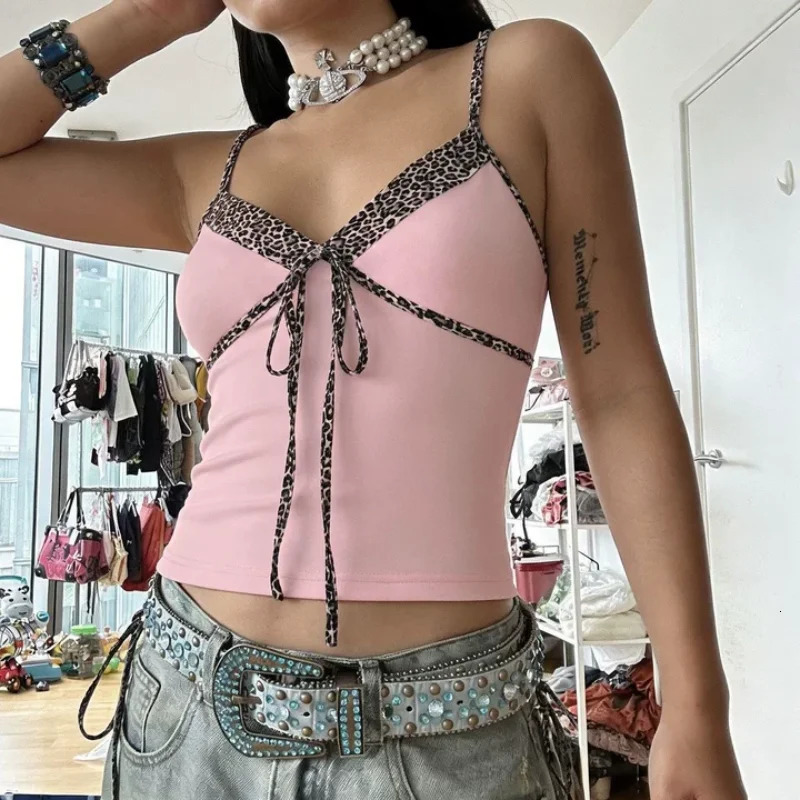 Summer Sexy Aesthetic Streetwear Sleeveless V-Neck top Y2K Pink Leopard Cami Top Womens Slim Tie-Front Spaghetti Strap Crop Top 260327