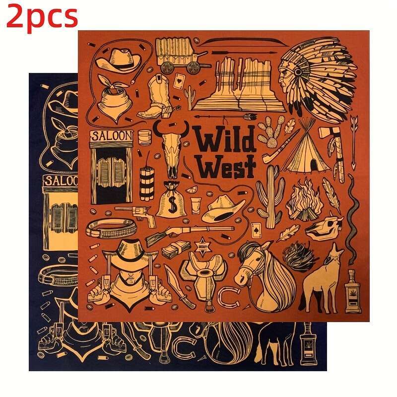 Set Of 2 Men's Bandanas Featuring A Cowboy Skull Design Lightweight Square Scarves Ideal Outdoor Motorcycle Riding Halloween. These Orange Liuyue