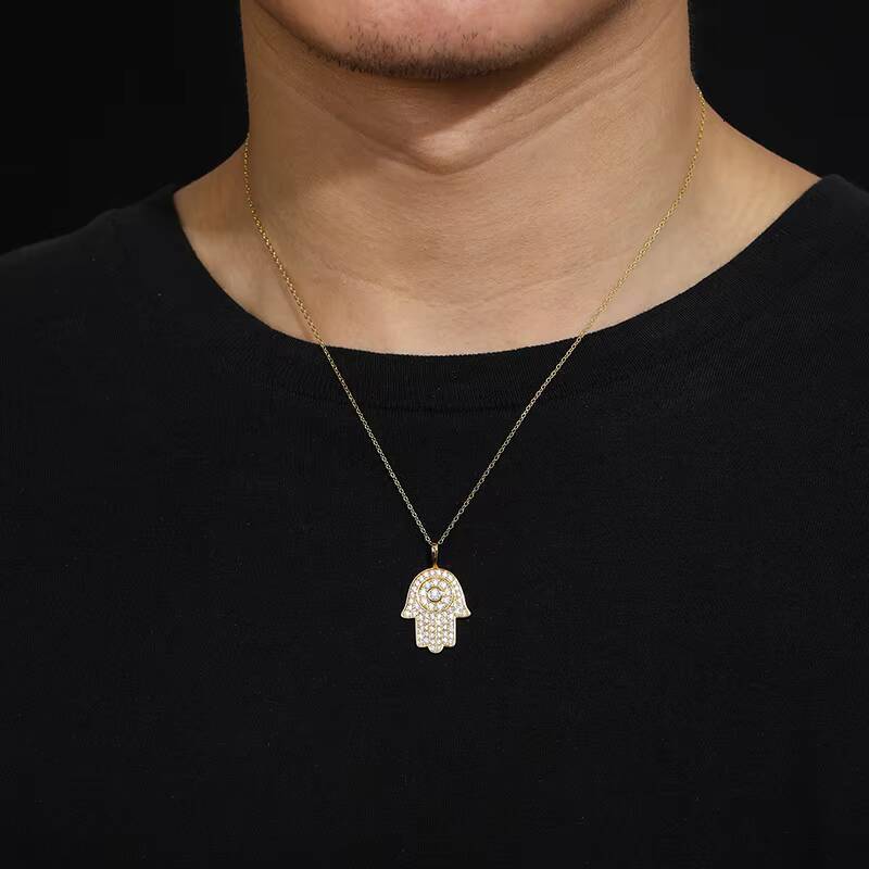 Hot Sale Fashion Hip Hop Iced Out 925 Sterling Silver Moissanite Hamsa Hand Pendant Necklace for Men and Women