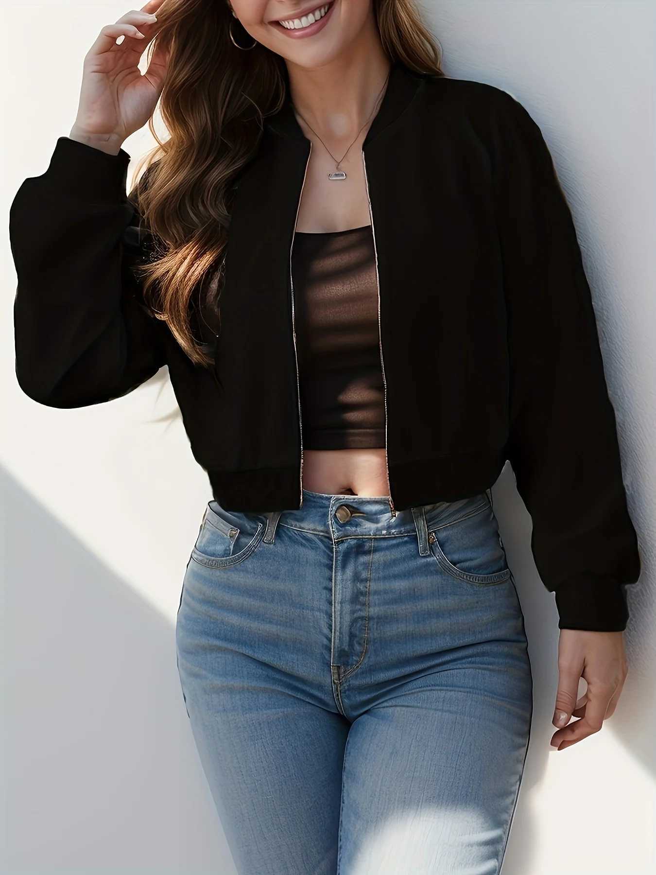 Solid Color Zip Up Jacket Elegant Long Sleeve Baseball Collar Jacket For Spring Fall Womens ClothingT260328