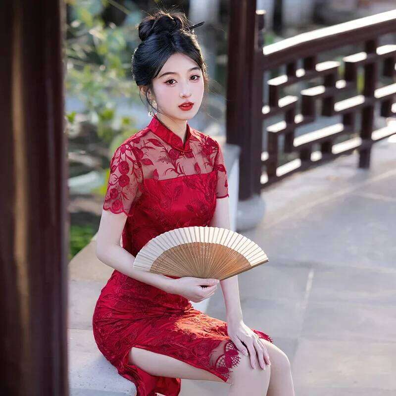 Yourqipao Summer Chinese Style Improved Cheongsam Fashion Embroidery Mid-Length Pink Short Youth Qipao Evening Dress For Women MAKOUFEI