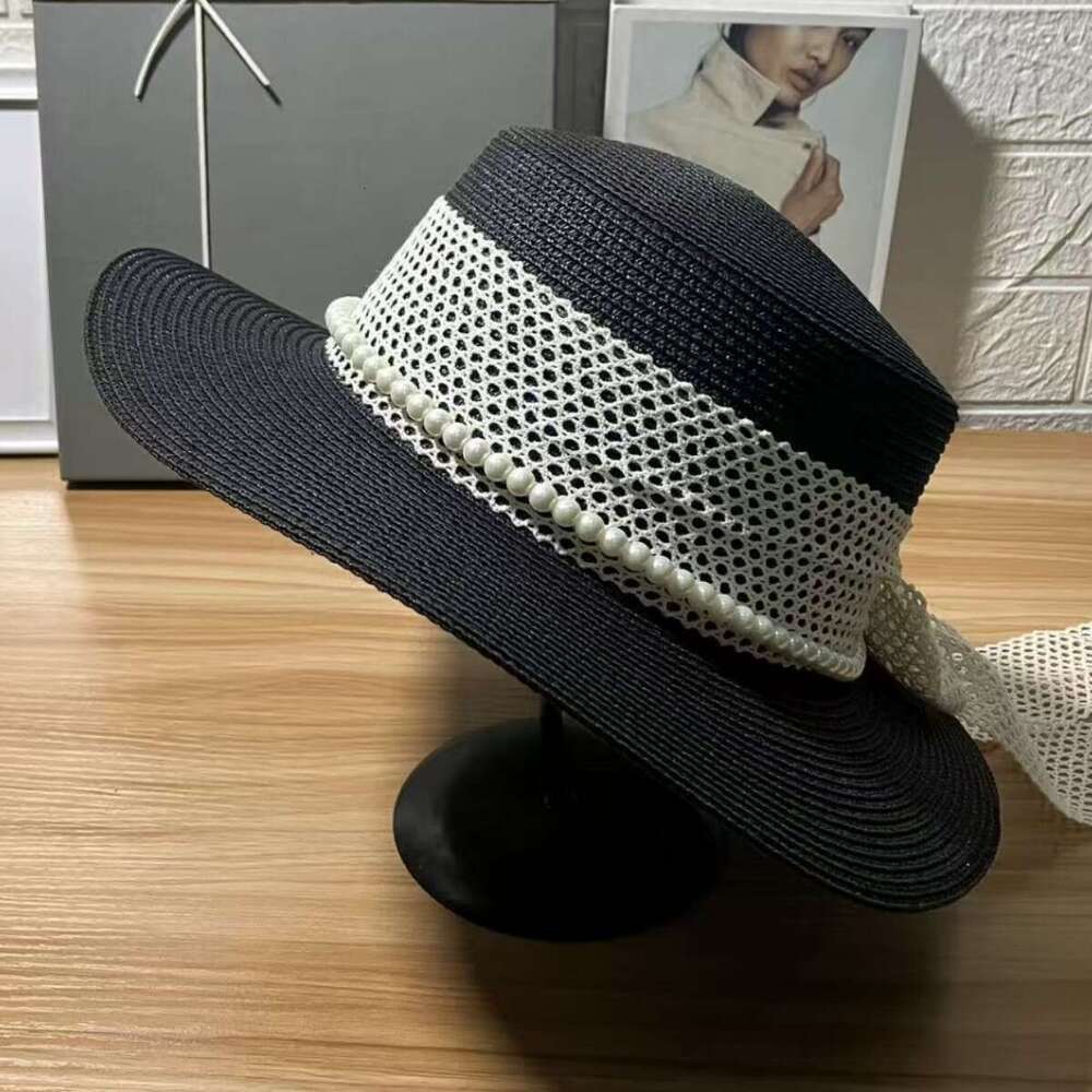 Korean-style lace ribbon pearl chain fashion flat-top hat for women, summer casual sunshade straw Design protection Dainty sun hat, trendy