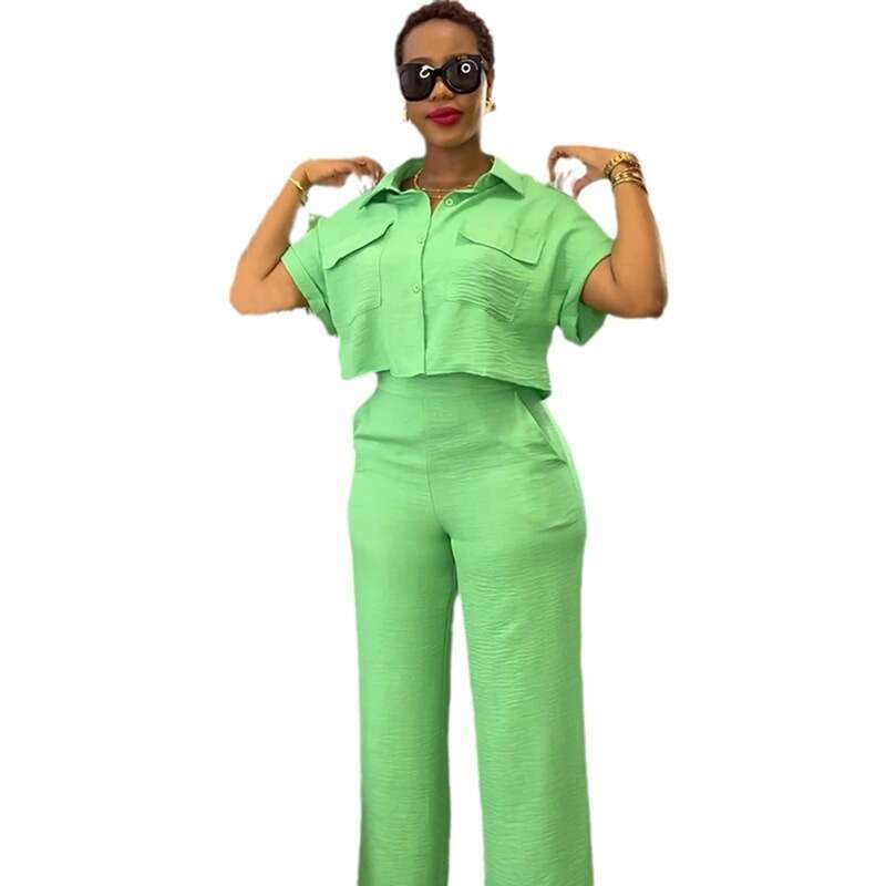 In-stock cross-border European American women's clothing 2026 summer new casual lapel short-sleeve shirt and wide-leg pants fashion set