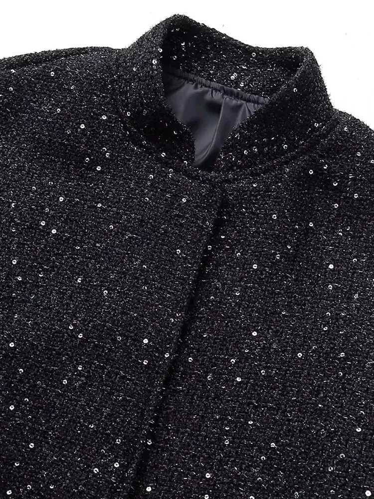 Women Shiny Sequin Jacket Y2k Gold Color Stand Collar Long Sleeve Short Coat Autumn Winter Ladies High StreetwearT260328