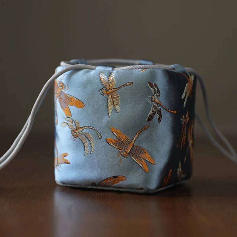 Chinese Embroidery Portable Travel Drawstring Teacup Pouch Japanese Style Cotton Cloth Tea Pot Cup Organizer Velvet Fabric Storage Bag
