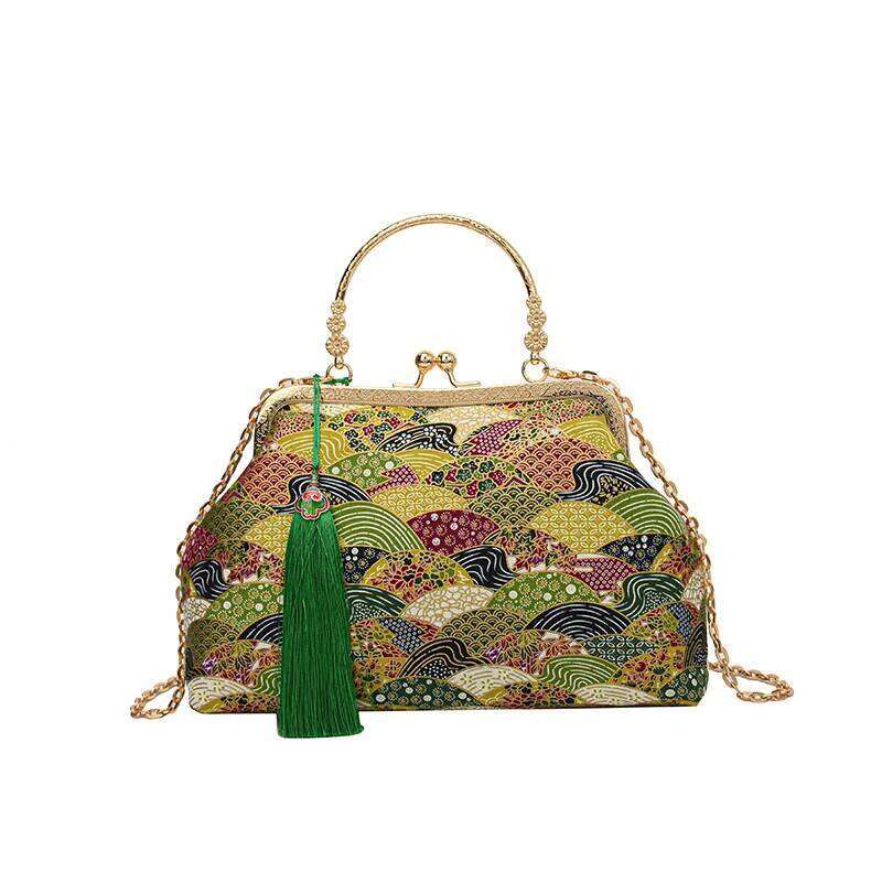 Chinese Embroidery Vintage Embroidered Women's Shoulder Bags Elegant Metal Top Handle Purse With Adjustable Chain Strap Party Clutch Handbag Wall