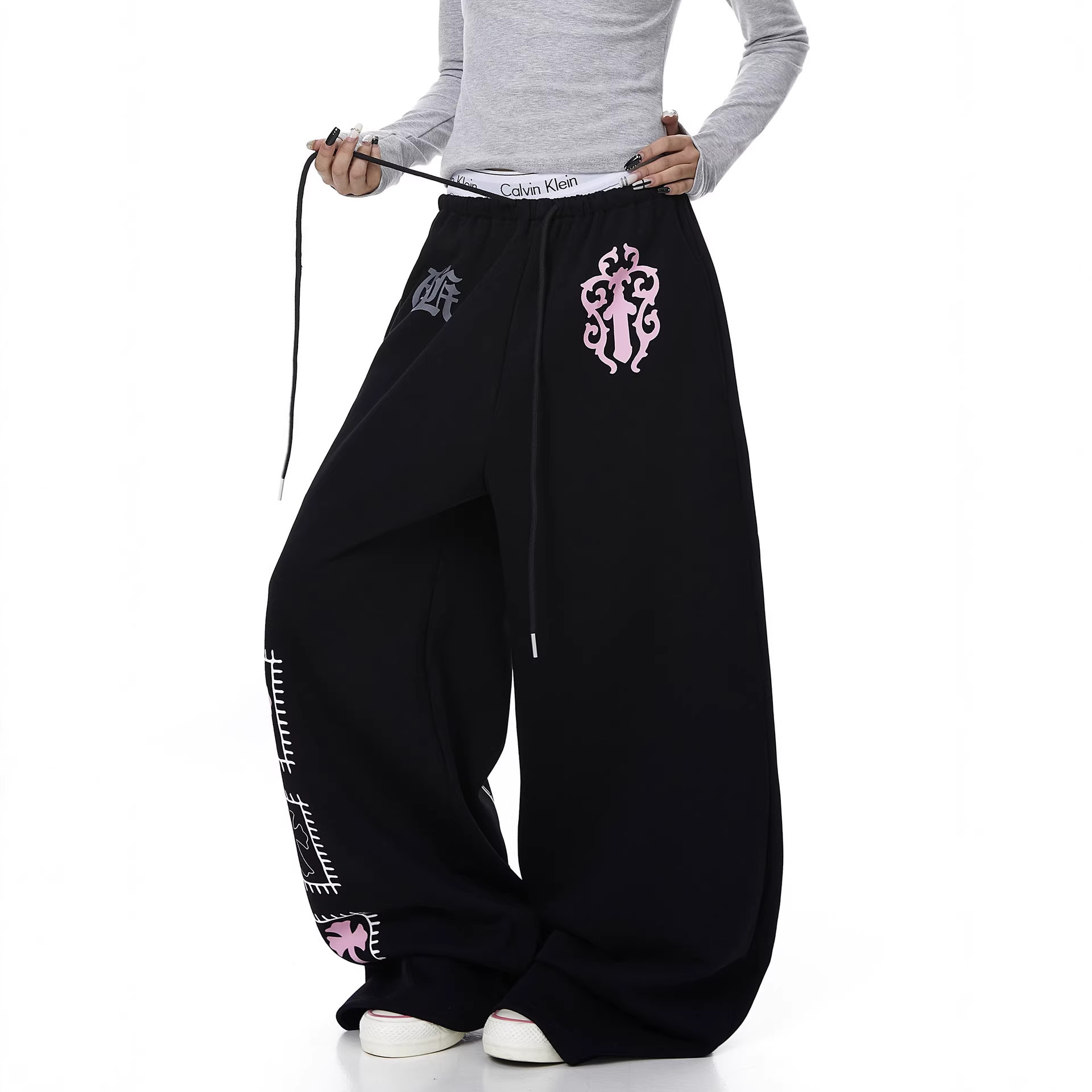 ZHIZOU Women Pink Goth Letter Print Sweatpants Baggy Pants Harajuku Dance Pants Japanese 90s Style Y2k Vintage Oversize Trousers