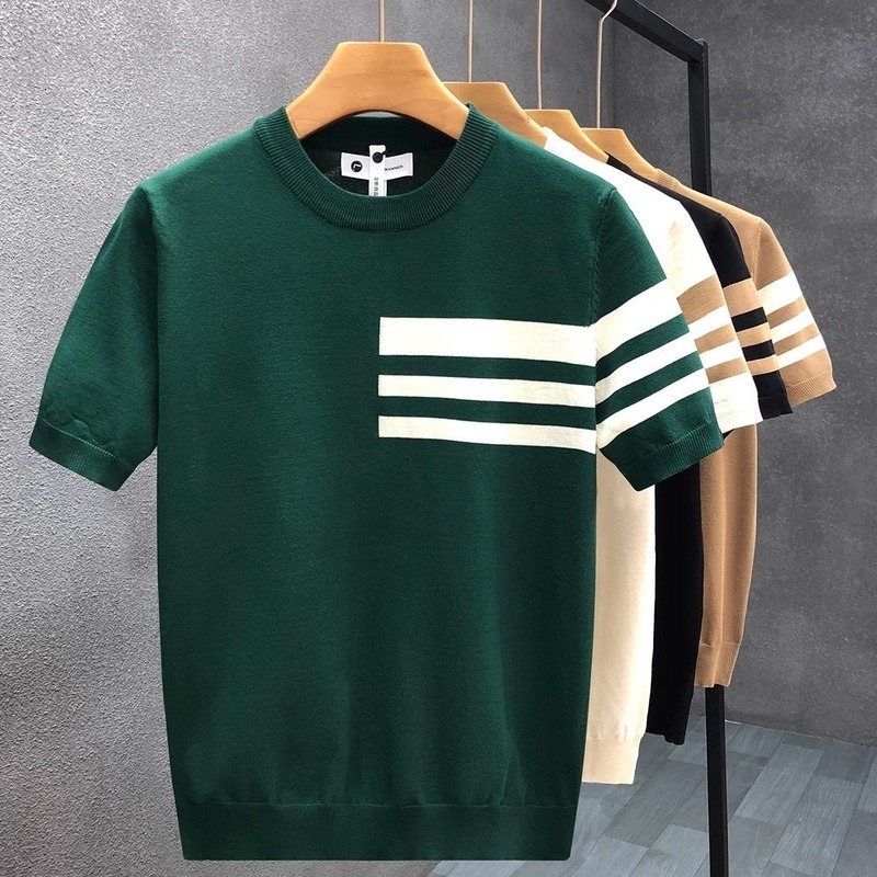 Mens Designer T Shirt Tops Ice Silk Knitted Short Sleeves T Shirt Striped Slim Fit Men Clothings Street Clothes High quality Fashion Tees Business Cas