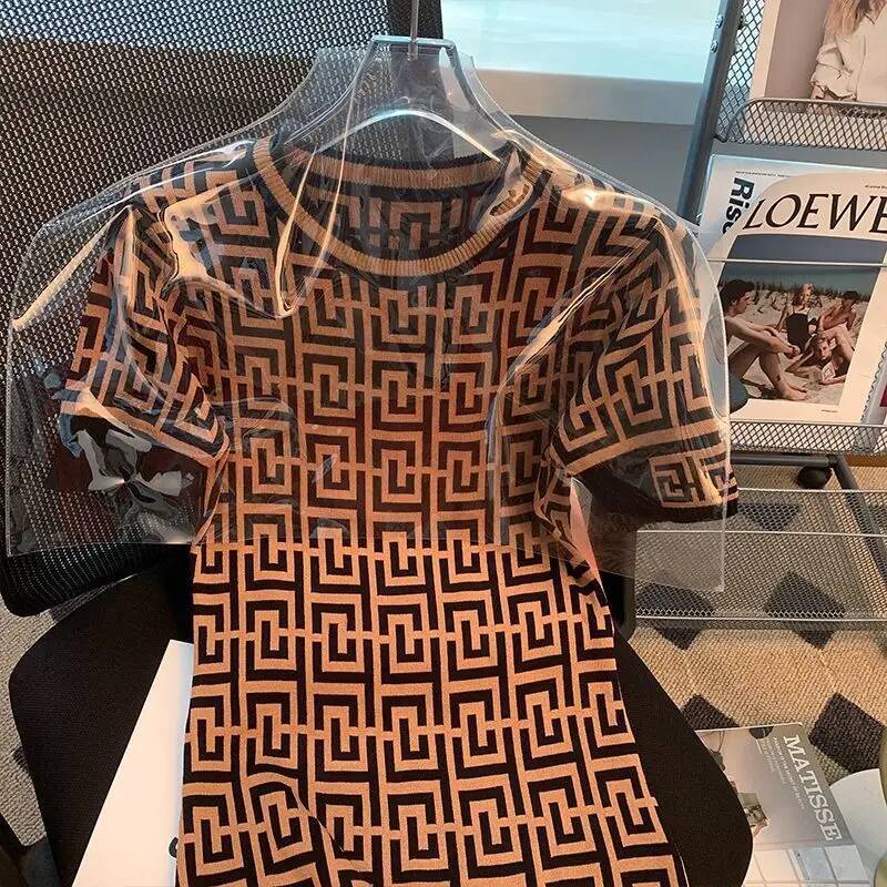 Temperament Jacquard Knitting Dresses Ladies Summer New Fashionable Slim Corset Bodycon Trend Short Sleeve Midi Dress