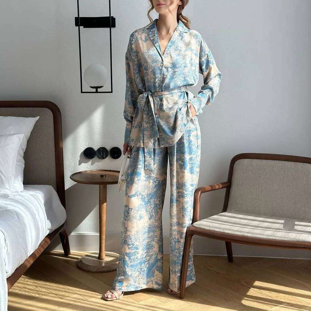 Print Flower 2Pcs Pajamas Set Sleepwear French V-Neck Fashion Women's Clothing Loose Satin Wide Leg Pants Pijamas Suit Homewear Asia Size