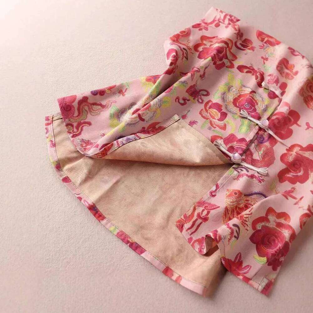 Chinese Style Women's Shirt Sleeve Acetate Satin T-Shirt Waist Cinched Qipao Short Top Summer New Arrival MAKOUFEI