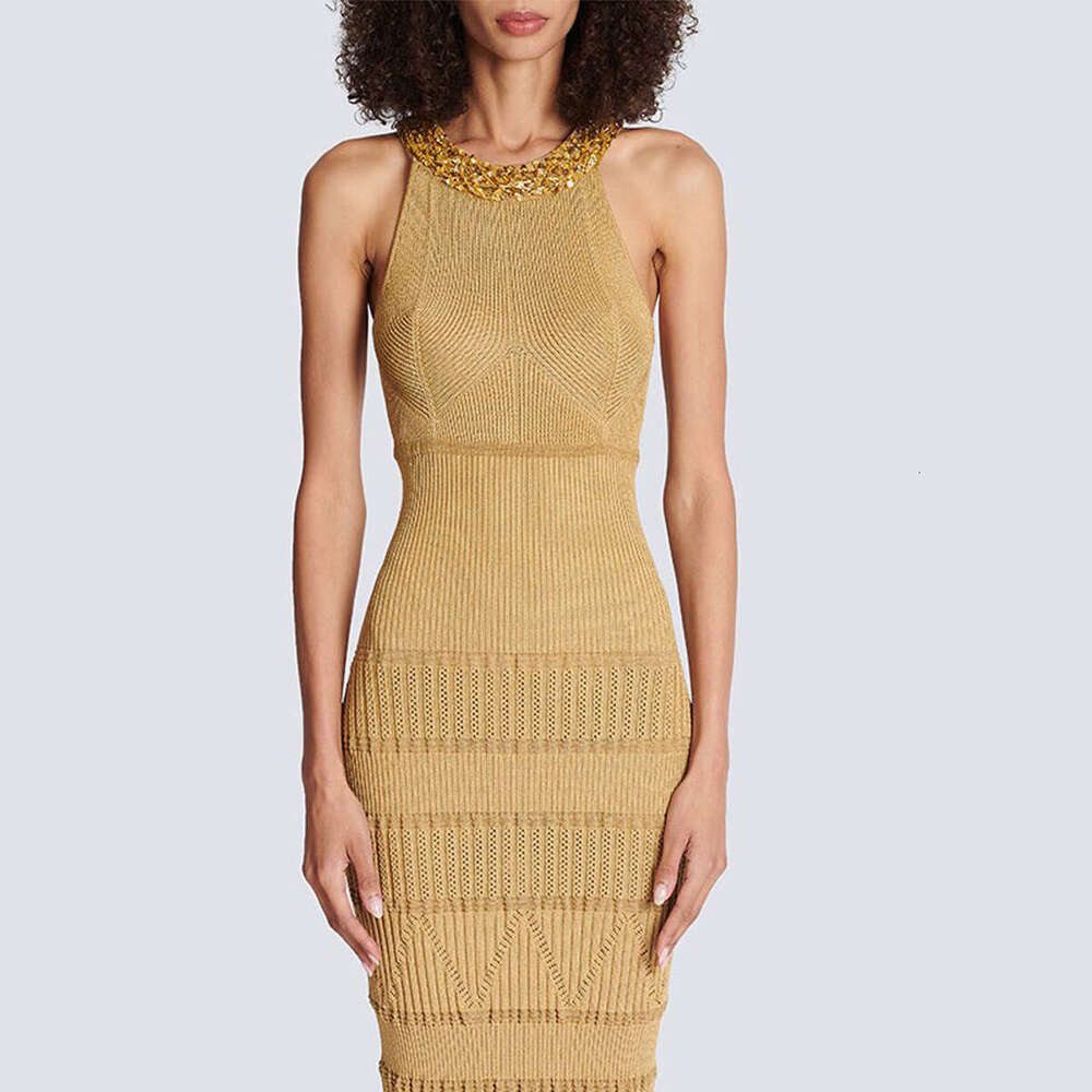 Summer new designer sleeveless thick bead trimmed slim knit dress d24 with back zipper 2026