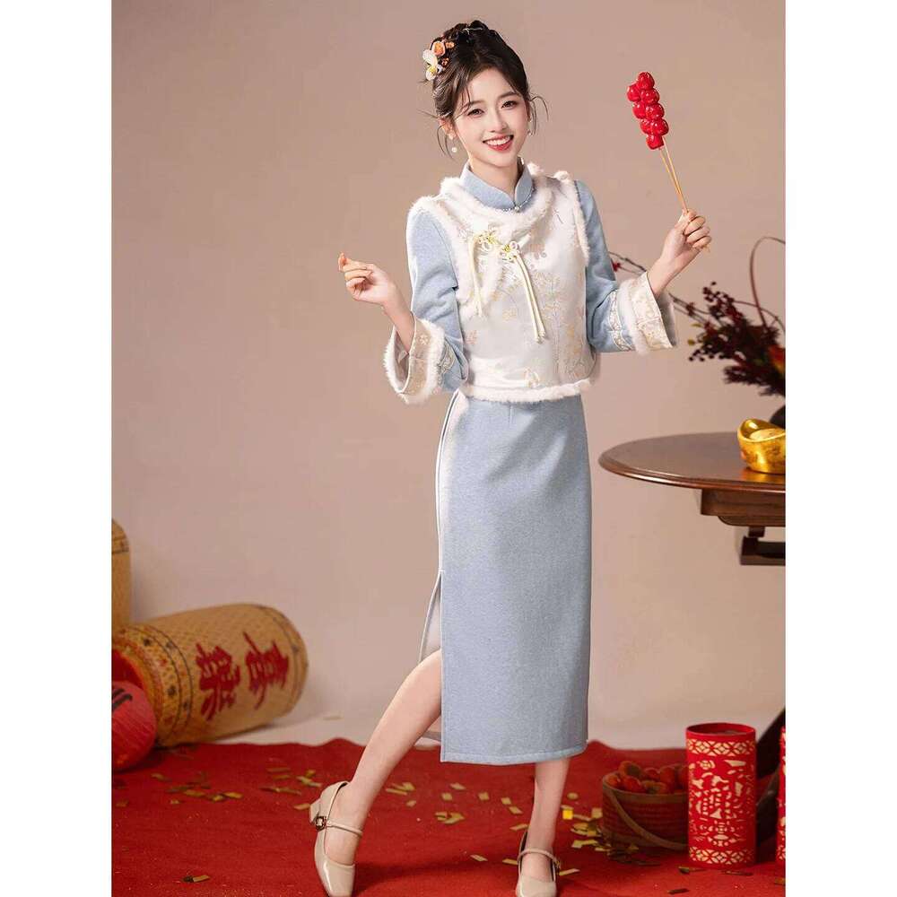 Yourqipao Cheongsam Thicken Velvet New Winter Qipao Evening Dress Women Feather Skirt MAKOUFEI