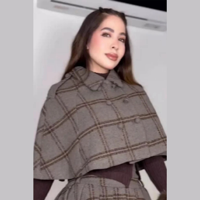 Detective Plaid Coat Skirt Sets For Women Lapel Double Breasted Cape Jacket Pleated Hem Mini Skirt 2026 Lady Vintage Outfits 260326
