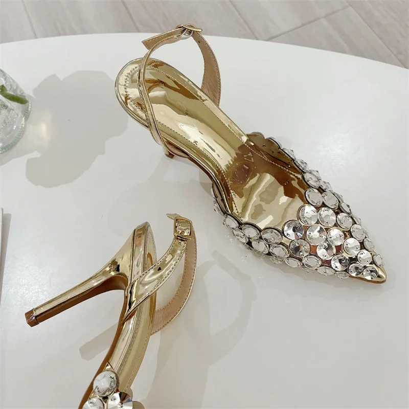 Aneikeh Fashion Stiletto Pumps Summer Silvery Rhinestone Hollow Strap High-heeled Sandals Women Wedding Banquet Shoes Z260330