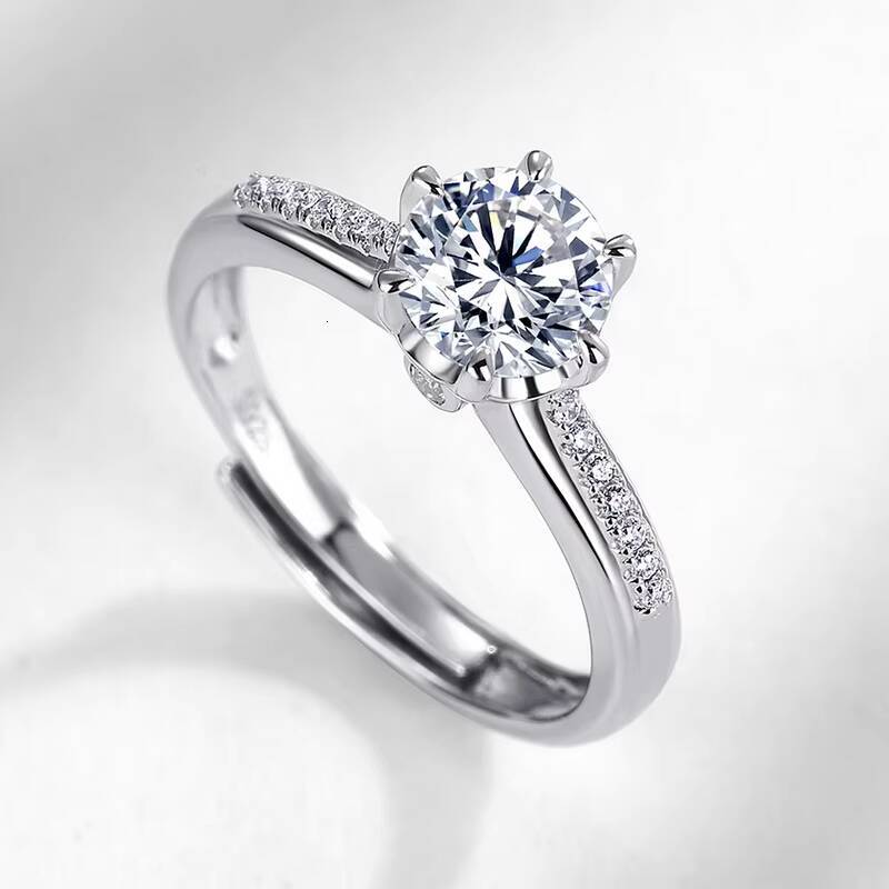 S925 Sterling Silver D Color VVS1 Moissanite 6 Prong Adjustable Engagement Ring with Side Accents for Women
