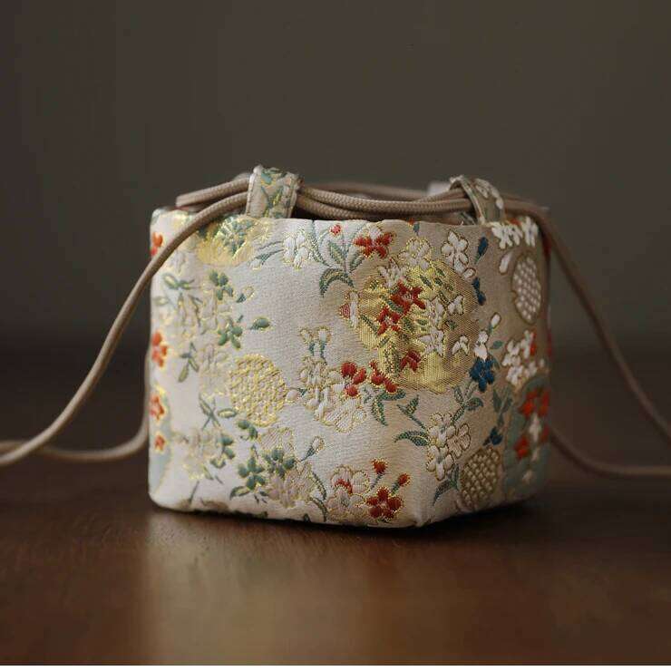 Chinese Embroidery Portable Travel Drawstring Teacup Pouch Japanese Style Cotton Cloth Tea Pot Cup Organizer Velvet Fabric Storage Bag