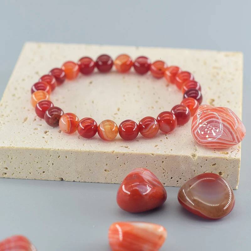Natural Stone Stripes Agates Beads Bracelet Women Men Genuine Red Carnelian Round Healing Jewelry Yoga Meditation Plusera