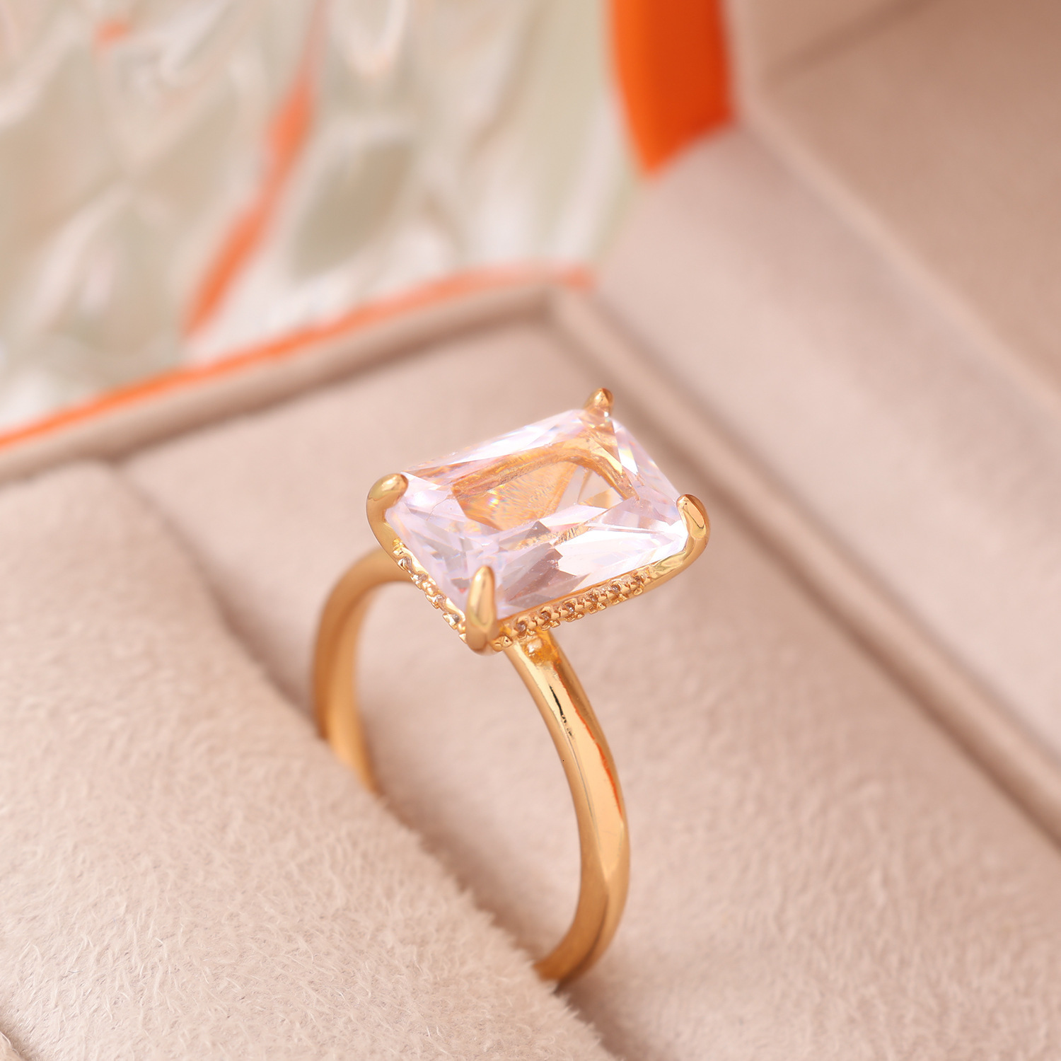 Water Drop Square Ring Copper Plated Real Gold Gift Brilliant Creative Design Double Diamond Zircon Jewelry