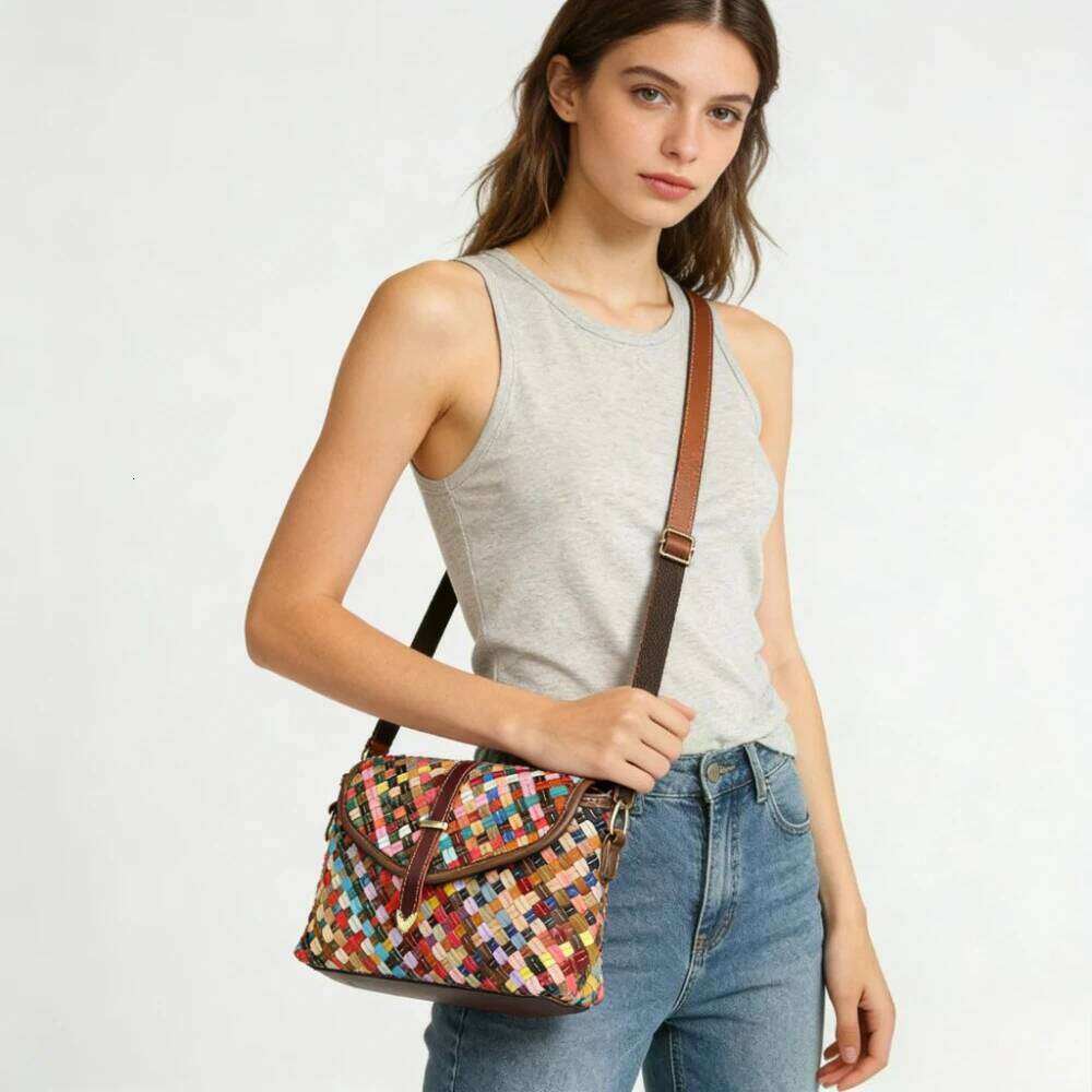 Crossbody Bohemian Rainbow Hand Woven Genuine Leather Women's Ethnic Style Contrasting Single Shoulder Bag