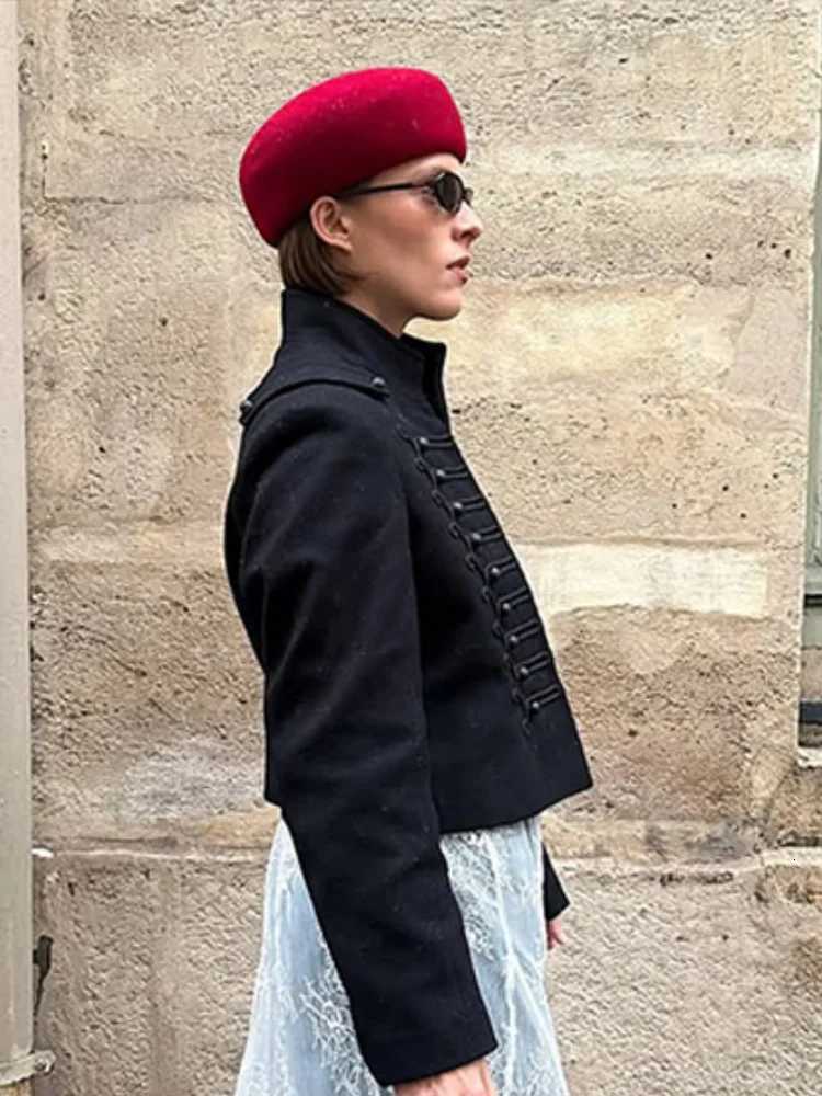 Womens Napoleon Style Black Cropped Jacket Coat Long Sleeve Tops Braided Button Trim Vintage Slim Fit Fashion Lady OuterwearT260328