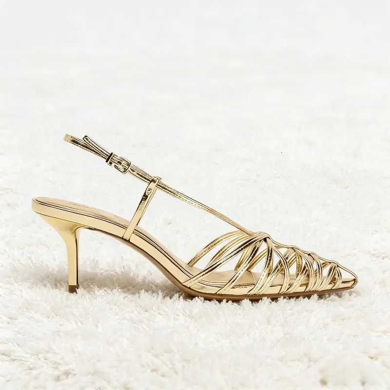 Luxury Gold Narrow Strap Heeled Sandals Women Sexy Pointed Toe Back Strap Roman Style Pumps Elegant Fashion Banquet Wedding Shoe Z260330