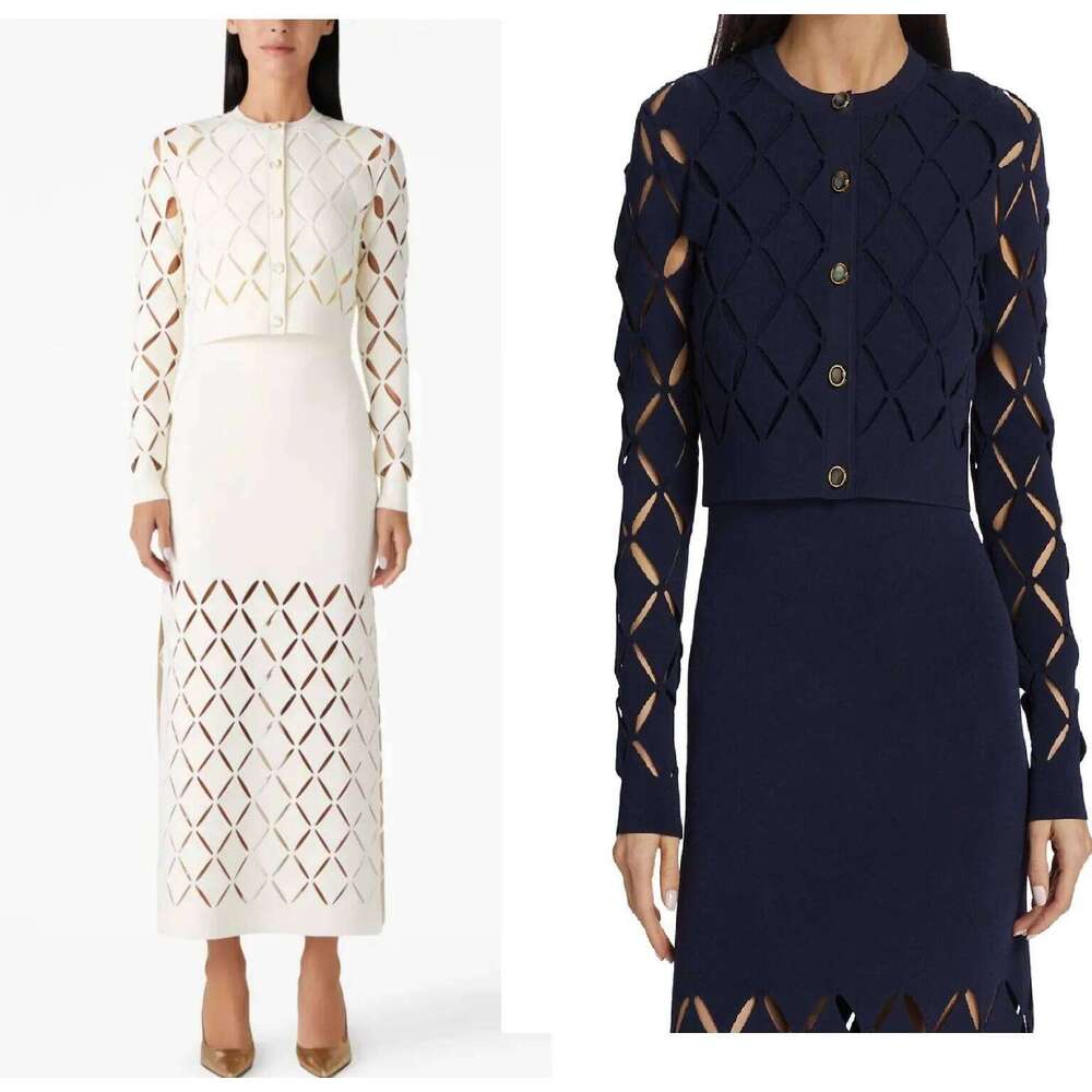 Women Round Neck Navy Knitted Long Dress + Hollow Knitted Cardigan Coat Mdng260330