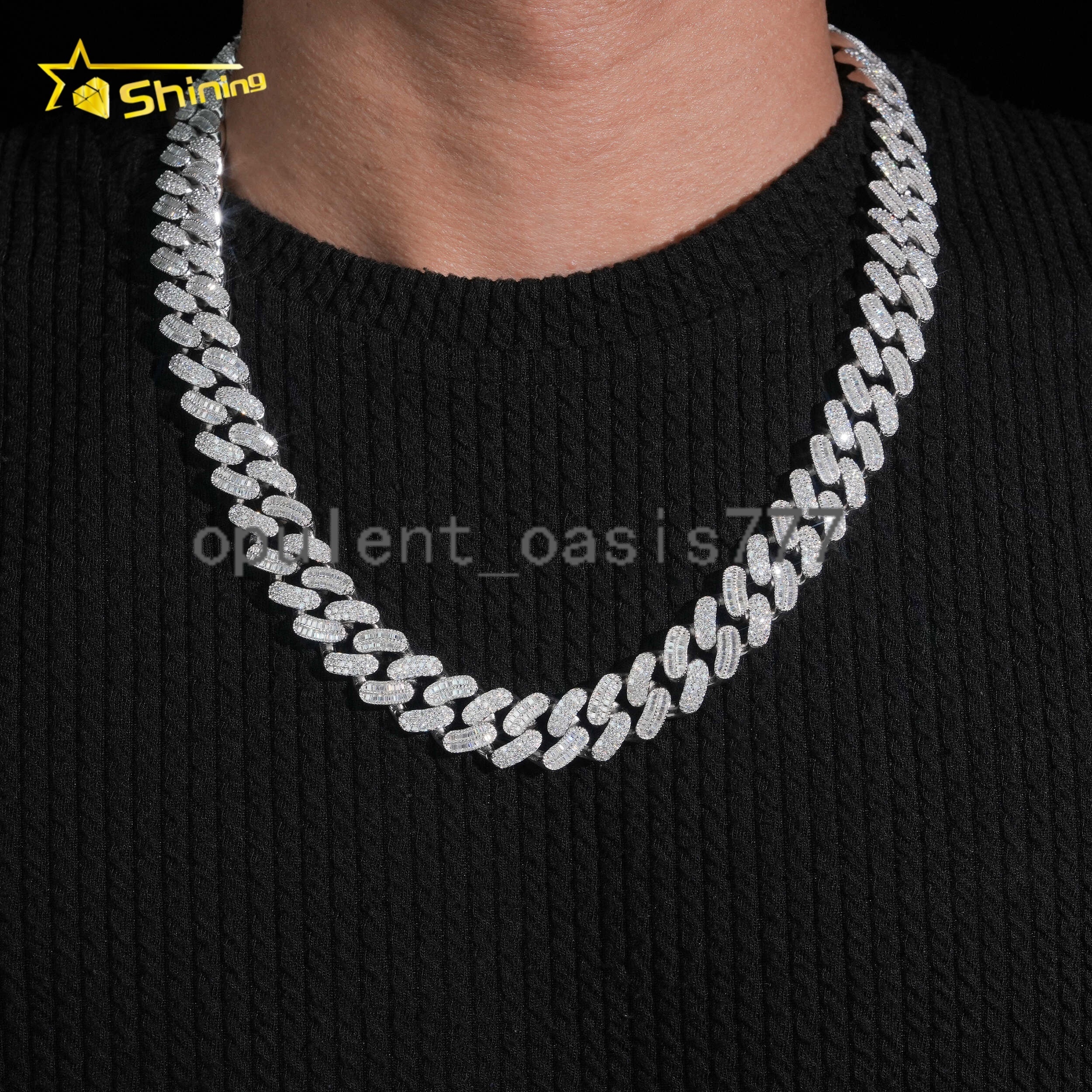 Hip Hop Jewelry 925 Silver Baguette Moissanite Cuban Link Necklace Custom Iced Out Moissanite Chain Cuban for Men