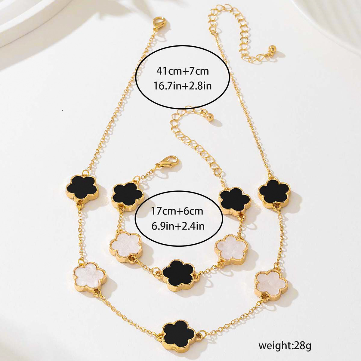 Designer Luxury 2-piece Fashion Simple And Versatile Metal Spliced Chain Clover Leaf Women's Bracelet Necklace Jewelry Set