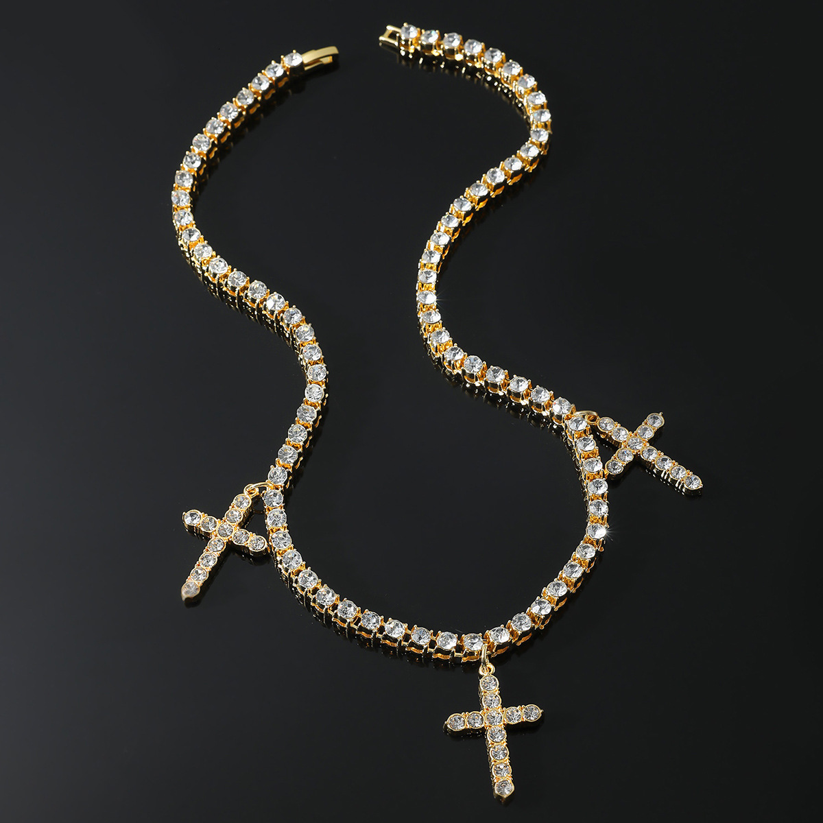Full Diamond 3 Cross Dangle Tennis Chain Necklace Choker Hip Hop 18k Gold Plate Trendy Ins New In Iced Out Neck Accessory Crosses Pendant Collarbone C