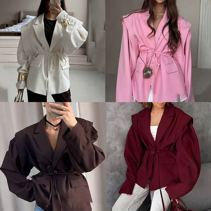 2026 New Arrival: Cross-Border European and American Foreign Trade Women's Clothing - Elegant Commuting Solid Color Belted Blazer with Suit Colla