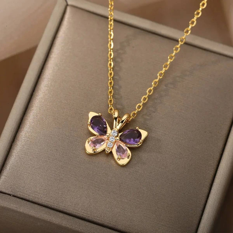 Cute Butterfly Necklace For Women Stainless Steel Crystal Purple Zircon Aesthetic Charms Collar Choker Jewelry Party