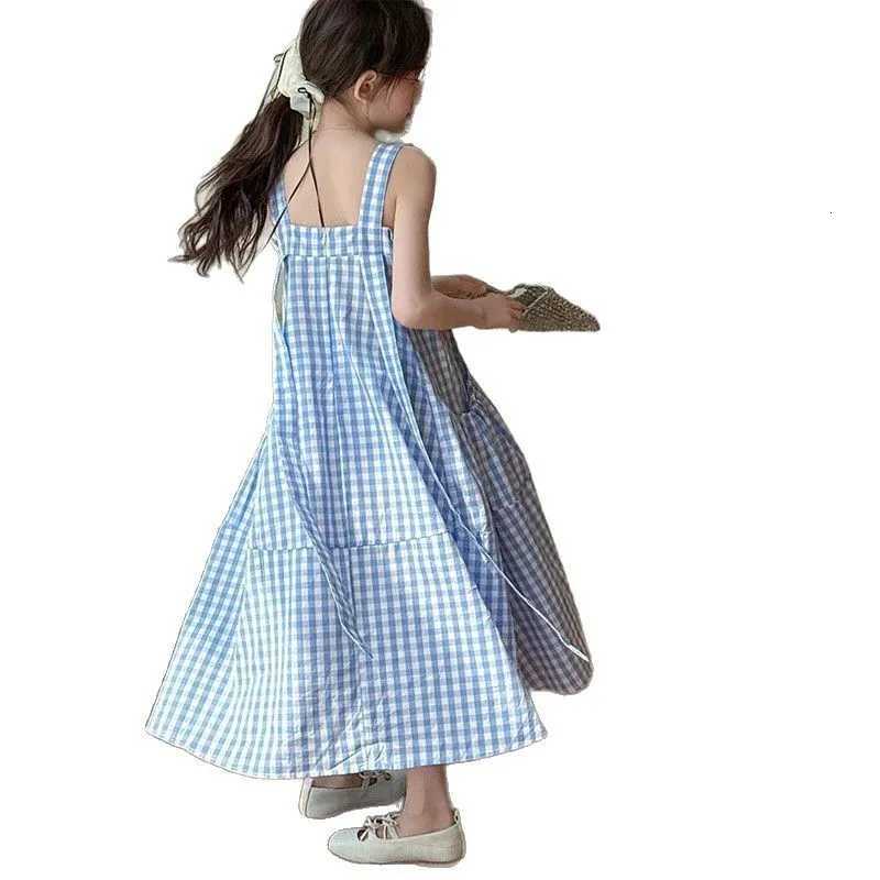 UNITIM Summer Kids Girls Sleeveless Dress Cotton Blue Plaid Children Girls Sundress 4-14Yrs Girl Dress Young Teens Girls DressesT260330