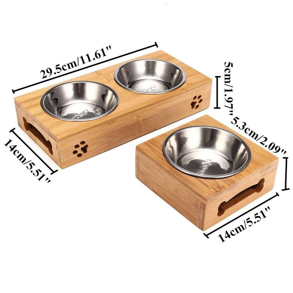 Pet Bear Bamboo Plate Natural Durable Safety Wood Stainless Steel Cat Dog Utility Double Bowl 26W0330