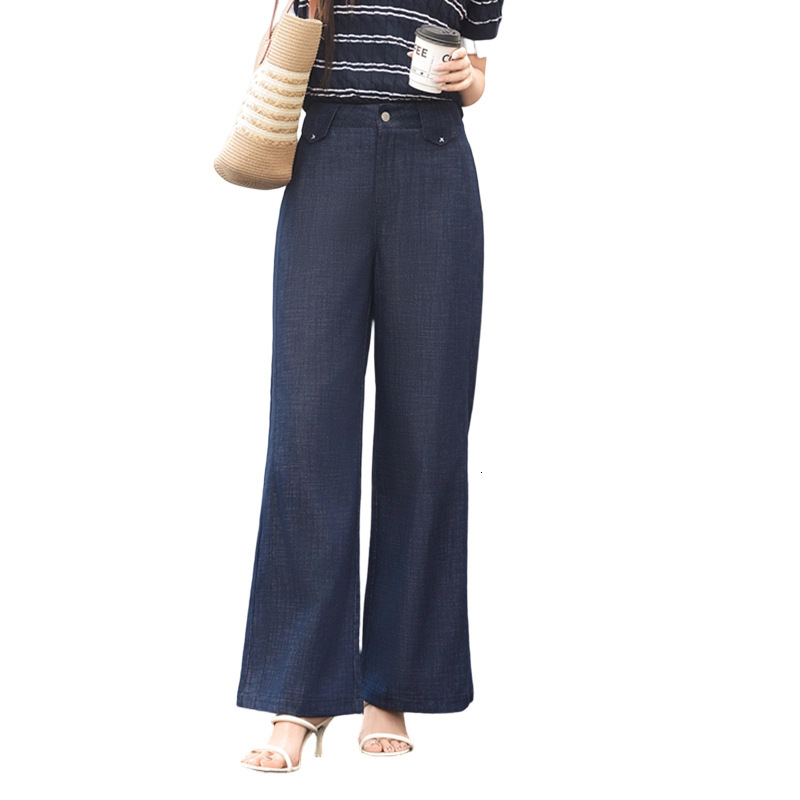 Casual curved-leg breathable and slimming wide-leg pants, spring-summer women's fashionable silhouette retro topstitch jeans wholesale