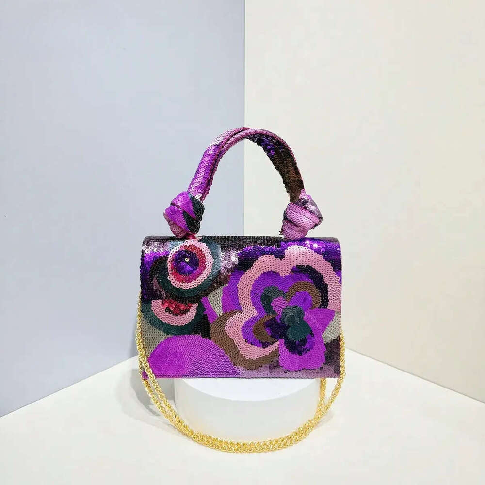 Chinese Embroidery Fashion Sequin Embroidered Floral Design Wedding Women's Clutch With Metal Chain Party Dress Evening Bag