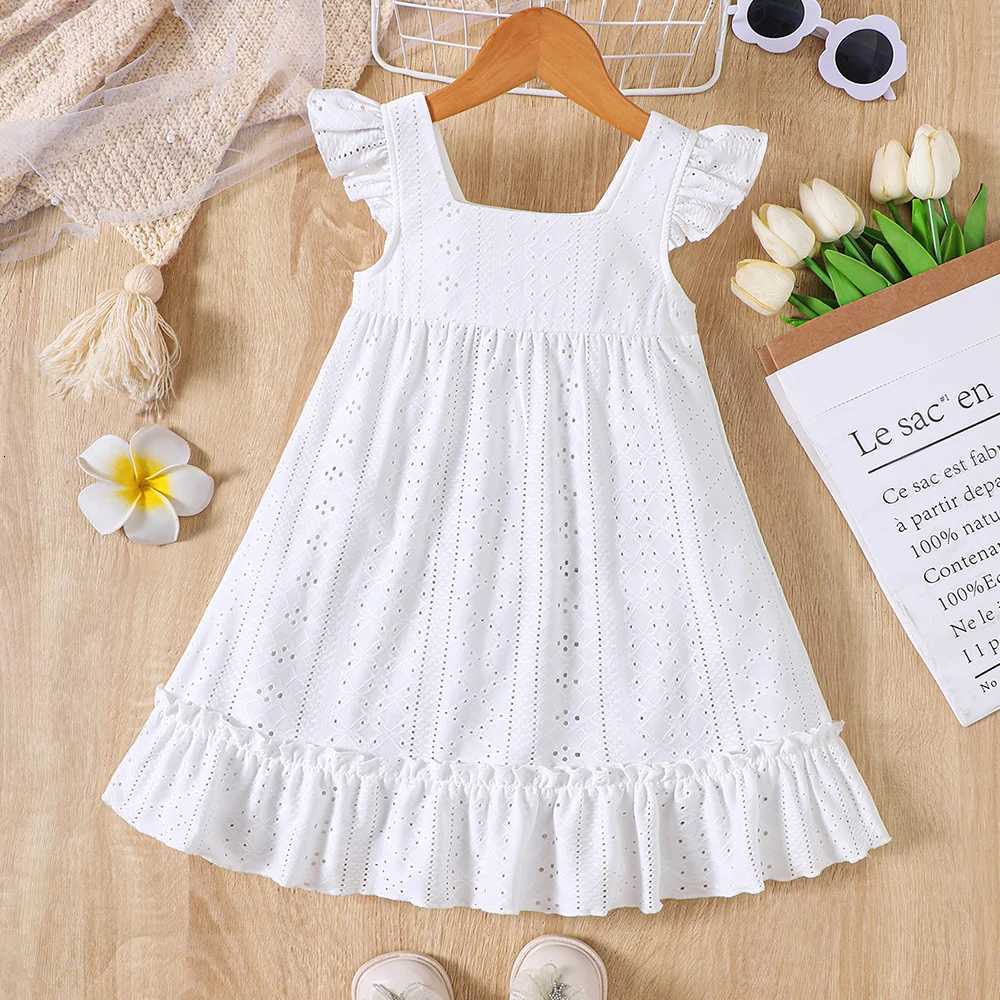 Girls summer style small fly sleeve hollow solid color dressT260330