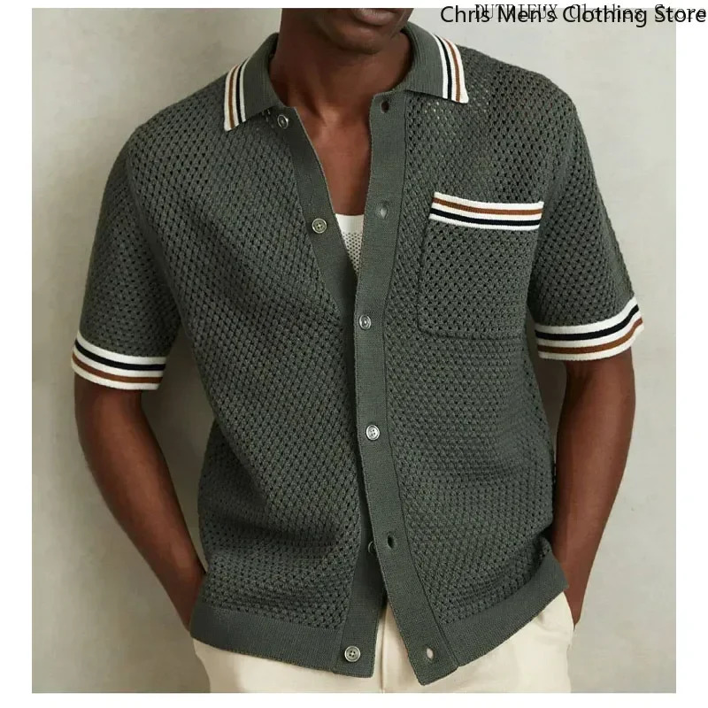 Summer Hollow-knit Mens Shirt Business Leisure High Quality Lapel Mens Knit Shirt Street Fashion Mens Cardigan 260327