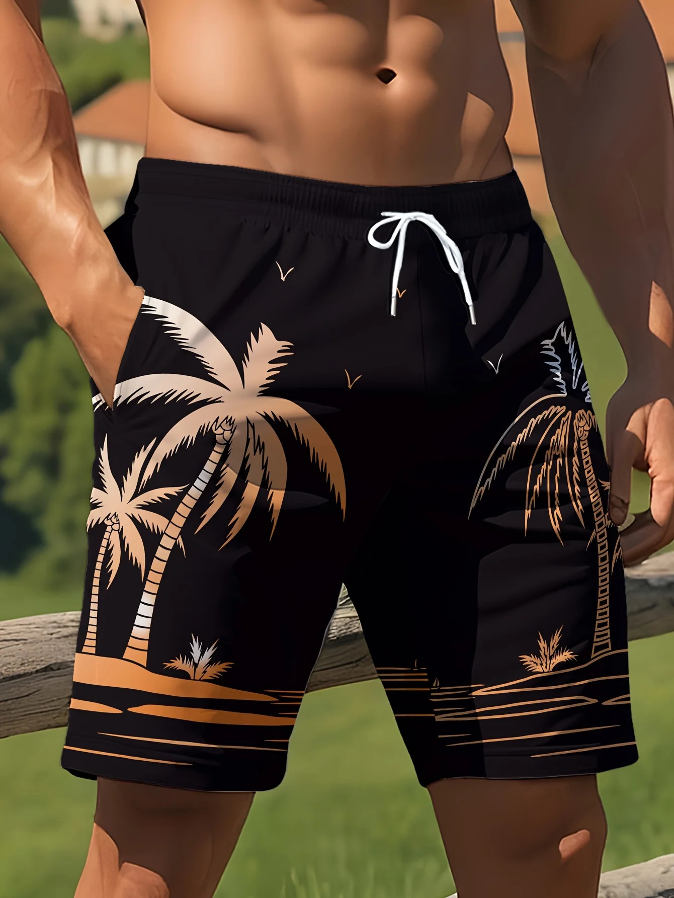 2026 Harajuku-Style Coconut Tree Print Beach Shorts Summer Mens Palm Tree Gradient Surf Shorts Hawaiian-Inspired Cool Trunks 260327